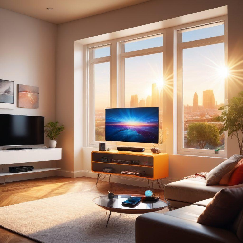 A modern living room featuring a sleek, futuristic Wi-Fi router glowing softly, with various devices seamlessly connected: a smartphone, tablet, and TV displaying vibrant video content. The sun's rays filter through a window, illuminating the space, emphasizing a technologically advanced lifestyle. Include digital icons representing connectivity around the devices. super-realistic. vibrant colors. soft focus.