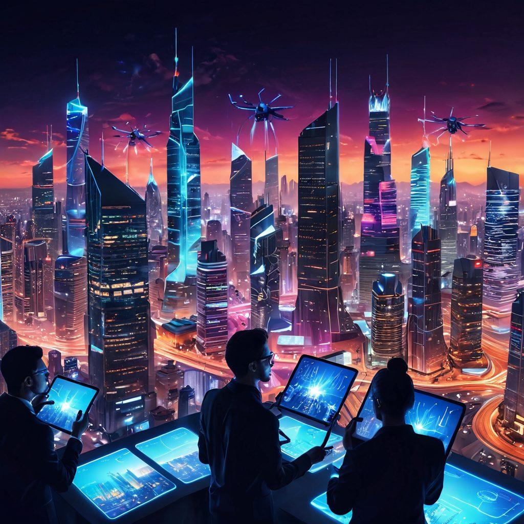 A futuristic city skyline with glowing wireless signals radiating from tall skyscrapers, people using sleek devices like tablets and smart glasses interconnected via vibrant digital lines. Show diverse individuals collaborating in a tech hub, with drones flying above, symbolizing advanced wireless networking. Emphasize dynamic energy and innovation. cyberpunk. vibrant colors. 3D.