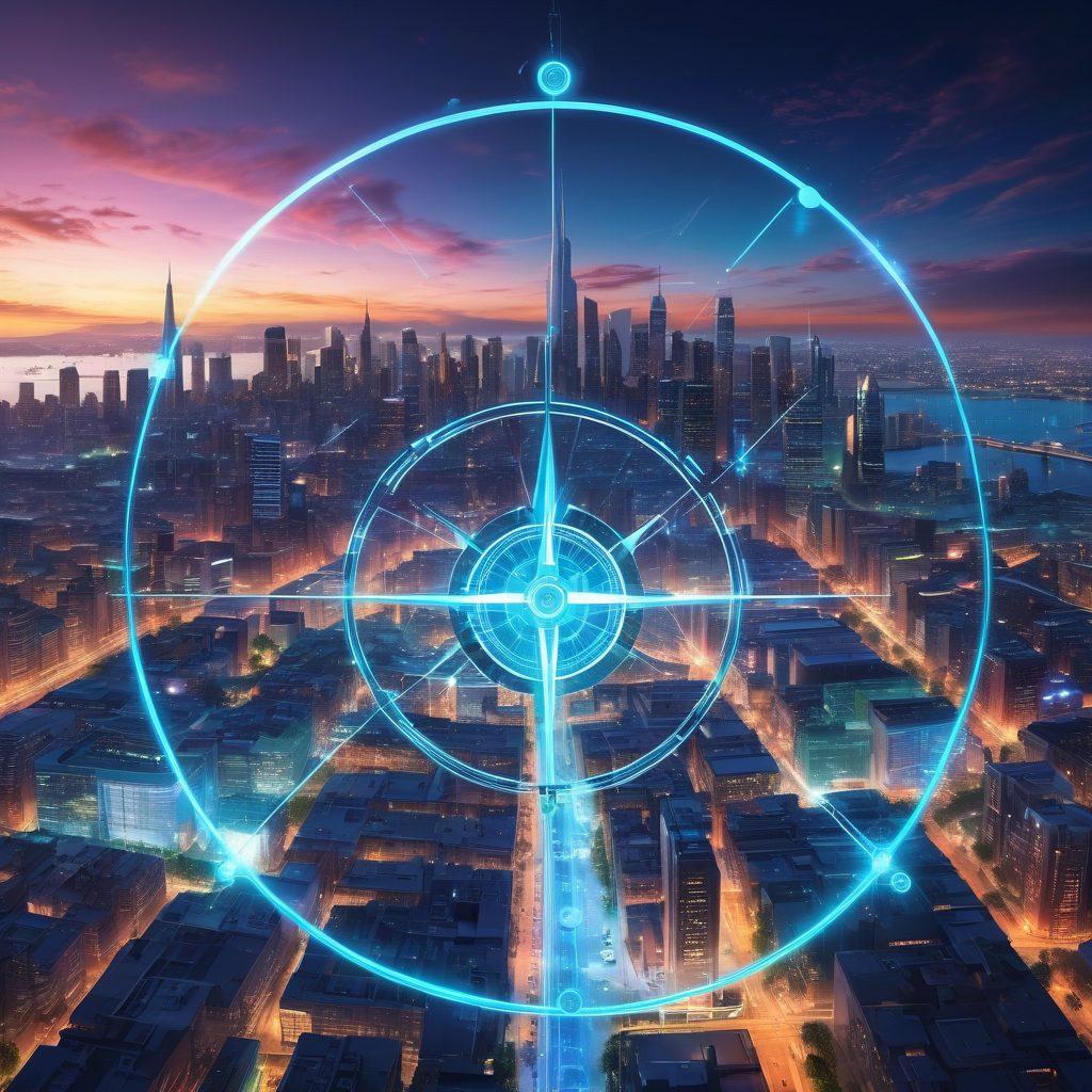 A sleek, futuristic city skyline representing a digital landscape with interconnected nodes symbolizing internet solutions. Include a prominent glowing compass guiding through the city, surrounded by diverse people using technology in harmony. The sky should be ablaze with vibrant colors, signifying innovation and progress. super-realistic. vibrant colors. digital art.